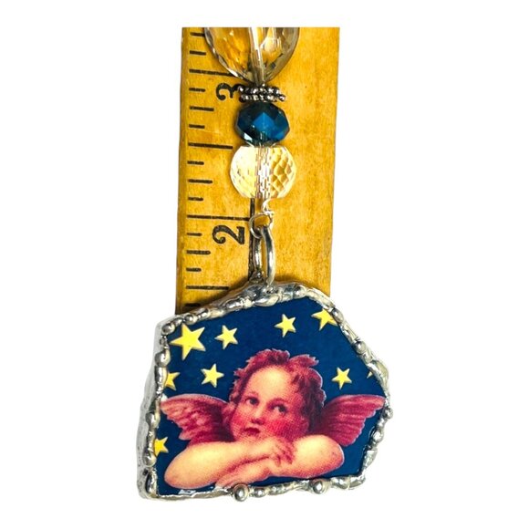 Broken China Angel Pendant Crystal Bead Necklace Set in Silver Blend Metalwork - Picture 5 of 14